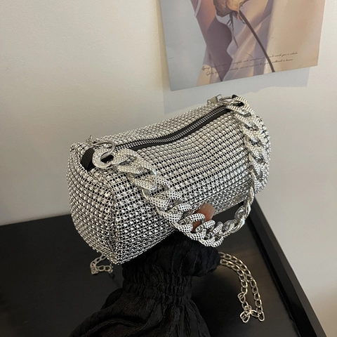 Women's Full Rhinestone Cylindrical Crossbody Bag Luxury Shiny Crystal Evening Handbag Small Pillow Bag With Thick Chain Handle