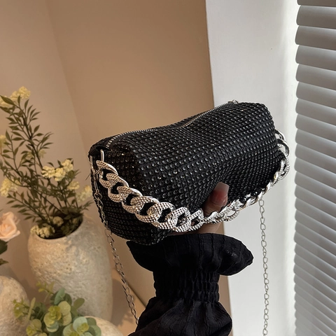 Women's Full Rhinestone Cylindrical Crossbody Bag Luxury Shiny Crystal Evening Handbag Small Pillow Bag With Thick Chain Handle