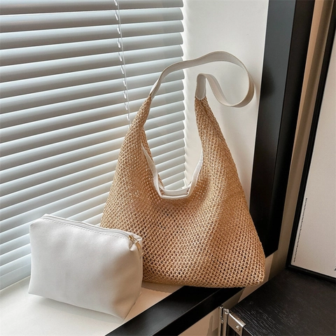 Große Stroh Gewebte Tragetasche Für Damen Mit Innentasche Aushöhlung Handgewebte Strand Schultertasche Urlaub Minimalistische Sommertasche