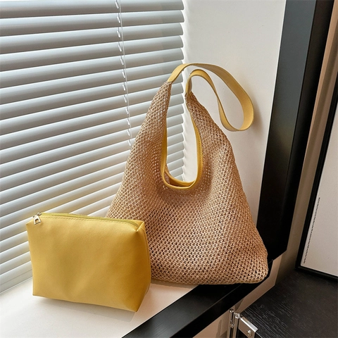 Große Stroh Gewebte Tragetasche Für Damen Mit Innentasche Aushöhlung Handgewebte Strand Schultertasche Urlaub Minimalistische Sommertasche