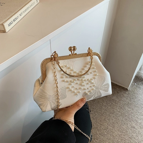 Damen Vintage Satin Abendtasche Mit Künstliche Perlen Schmetterling Dekor Gold Metall Bügelverschluss Clutch Handtasche Für Hochzeit Party Dinner