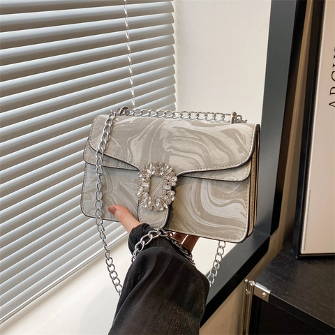 Women Marble Pattern PU Leather Shoulder Bag Rhinestone Square Buckle Chain Crossbody Bag Elegant Fashion Daily Party Purse