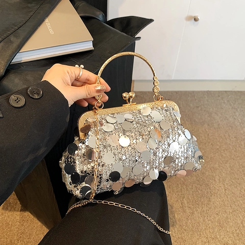 Borsa a Tracolla a Conchiglia con Paillettes da Donna Borsa da Sera Vintage in Pelle PU con Catena in Metallo per Festa Matrimonio