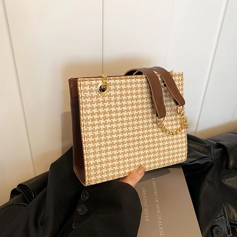 Damen Mode Geflochtene Stroh PU Leder Schultertasche Metallkette Hahnentritt Tote Bag Lässige Umhängetasche Für Urlaub Reisen