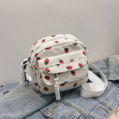 Vintage Corduroy Strawberry Print Crossbody Bag For Women Small Square Shoulder Bag Korean Style Casual Phone Bag