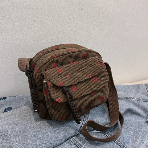 Vintage Corduroy Strawberry Print Crossbody Bag For Women Small Square Shoulder Bag Korean Style Casual Phone Bag