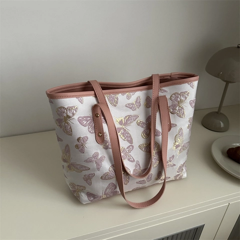 Women Butterfly Embroidery Large Capacity Tote Bag New Chinese Style Jacquard Fabric Shoulder Bag Casual Underarm Handbag