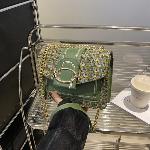 Women's Elegant Tweed Patchwork Small Square Bag Vintage Grid Pattern Chain Crossbody Shoulder Bag With Metal Buckle