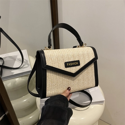 Women Straw Woven Handbag Contrast Splicing PU Leather Small Square Crossbody Bag Summer Beach Vacation Daily Fashion Satchel
