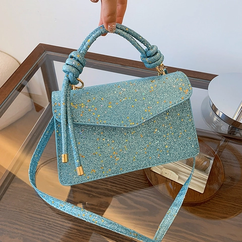 Women Sequin Star Pattern Shoulder Bag Shiny PU Leather Crossbody Bag With Knot Handle Fashion Party Banquet Handbag
