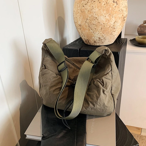 Bolso Bandolera Plisado de Lona y Nailon para Mujer Gran Capacidad Bolso de Hombro Casual Con Correa Ajustable Diario