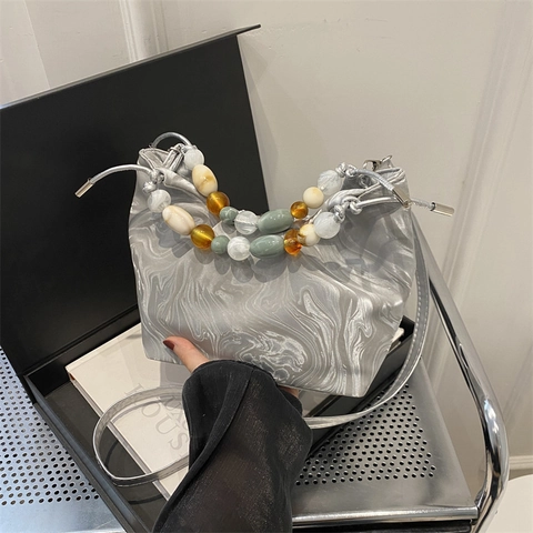 Secchiello in Pelle PU Motivo Marmo per Donna Moda Manico con Perline Borsa a Tracolla Plissettata con Coulisse
