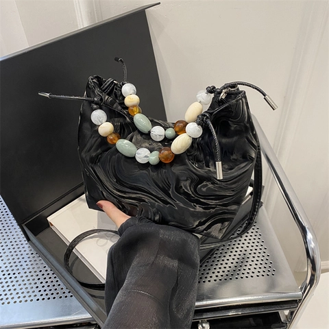 Secchiello in Pelle PU Motivo Marmo per Donna Moda Manico con Perline Borsa a Tracolla Plissettata con Coulisse