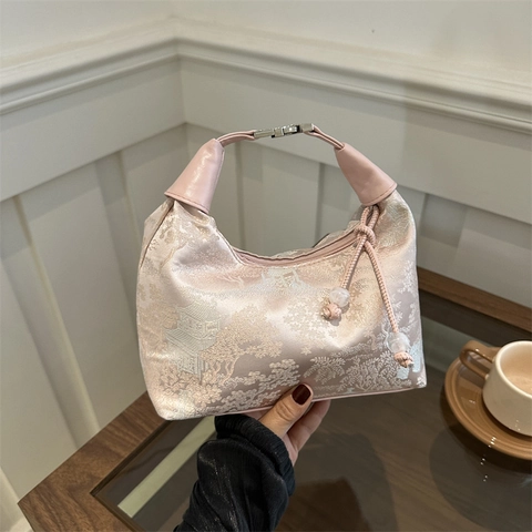 Neue Chinesische Art Satin Bestickte Handtasche Vintage Landschaft Floral Schulter Crossbody Tasche Für Damen Täglich Elegantes Accessoire
