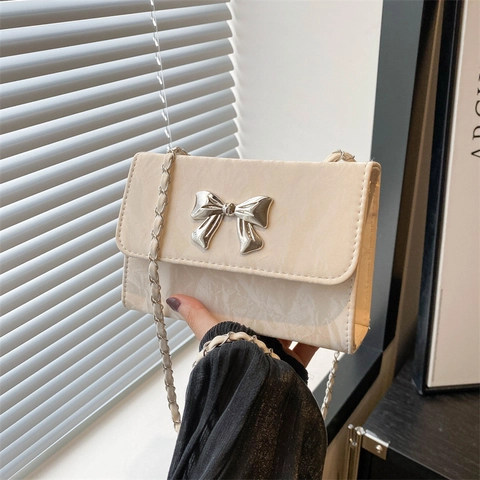 Vrouwen Elegante Marmerprint PU Leer Schoudertas Met Metalen Strik Decoratie Veelzijdige Ketting Riem Crossbody Vierkante Handtas
