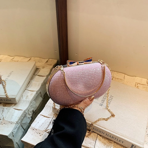 Women Elegant Oval Evening Clutch Bag Glitter Sequin Hard Shell Purse With Golden Bow Lock Metal Handle Detachable Chain