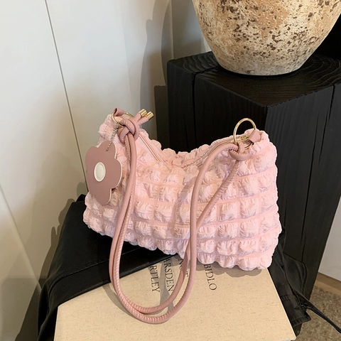 Borsa Sottobraccio da Donna con Texture Popcorn Pieghettata a Bolle con Ciondolo a Fiore Stile Coreano Casual Nylon Baguette