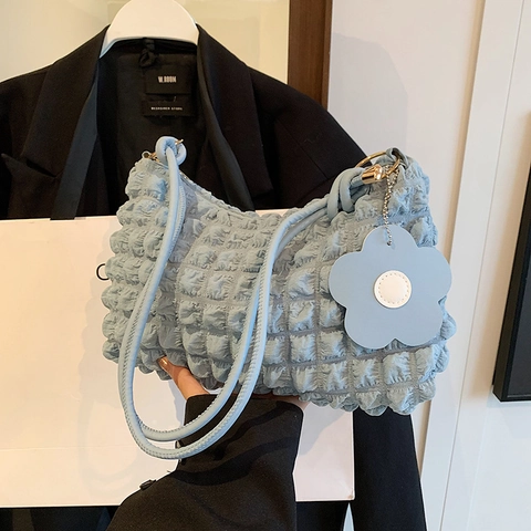 Women Popcorn Bubble Texture PU Shoulder Bag Fashion Underarm Bag With Flower Charm Solid Color Casual Underarm Tote Bag