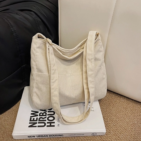 Minimalist Corduroy Tote Bag For Women Retro Casual Shoulder Bag With Front Pocket Adjustable Strap Crossbody Handbag Everyday Travel