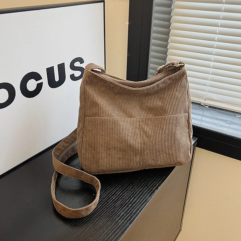 Minimalist Corduroy Tote Bag For Women Retro Casual Shoulder Bag With Front Pocket Adjustable Strap Crossbody Handbag Everyday Travel