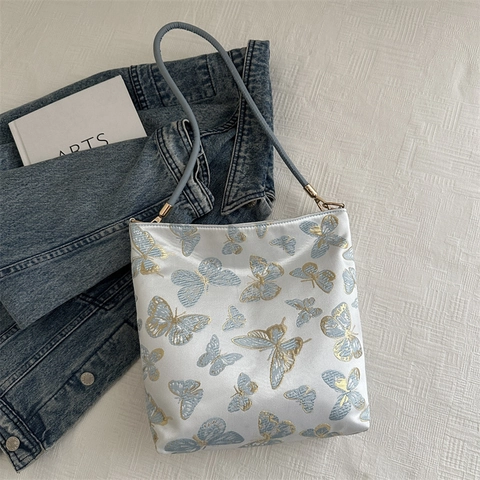 Bolso de Hombro para Mujer Tela PU Jacquard Bordado Mariposa Hoja de Bambú Patrón Bolso de Axila Moda Bolso de Mano Daily Crossbody