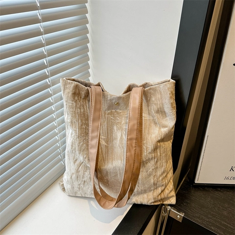 Sac Fourre-tout en Velours Plissé pour Femmes Grande Capacité Sac à Bandoulière Nouveau Style Chinois Rétro Motif de Feuilles Sac à Main