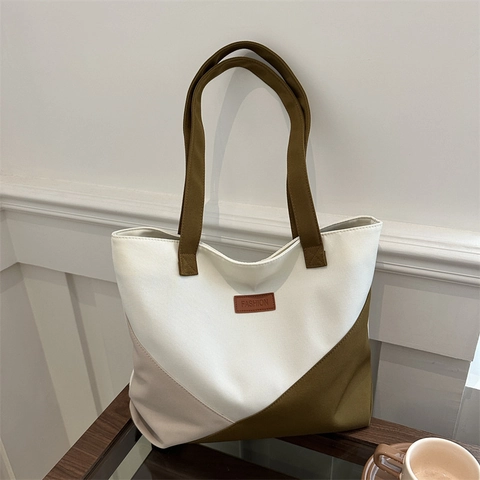 Sac Fourre-tout en Cuir PU à Blocs de Couleurs Géométriques pour Femmes Sac à Bandoulière Décontracté de Grande Capacité