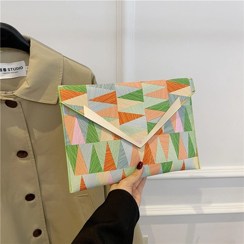 Bustina Donna a Busta Patchwork Geometrico Moda in Pelle PU Borsa Sottobraccio a Spalla Con Decoro in Metallo a V