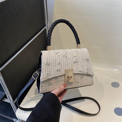 Women Straw Woven Small Square Bag Retro Floral Embroidery Crossbody Bag Metal Lock Fashion Shoulder Bag Hand-Carried Handbag