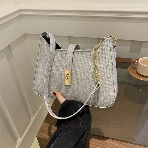 Women Sequined Underarm Bag Fashion Glitter Shoulder Bag With Metal Chain Link Strap Gold Silver Pink Black Evening Party Handbag