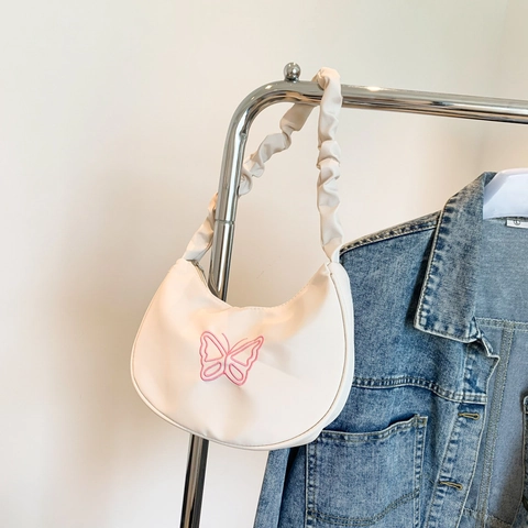 Fashion Butterfly Embroidery Underarm Bag For Women PU Leather Ruched Handle Shoulder Bag Casual Small Half Moon Bag Hobo Handbag