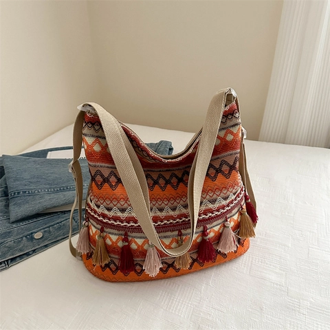 Damen Boho Gewebte Tragetasche Ethnische Geometrische Muster Schultertasche Bunte Quasten Lässige Handtasche Groß