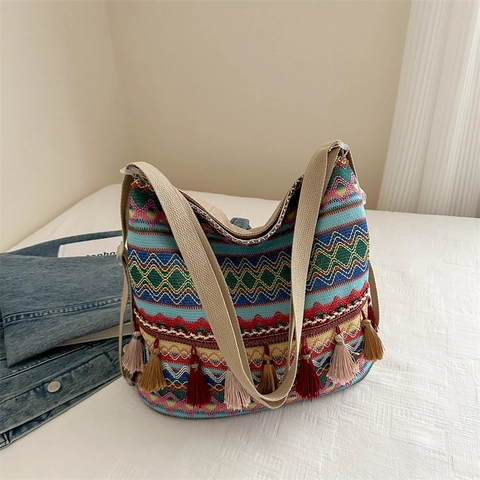 Damen Boho Gewebte Tragetasche Ethnische Geometrische Muster Schultertasche Bunte Quasten Lässige Handtasche Groß