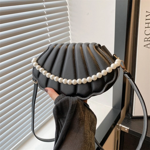 Women PU Leather Shell Shaped Shoulder Bag With Artificial Pearl Handle Quilted Crossbody Bag Fashion Solid Color Purse
