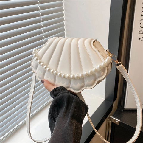 Elegante Bolso de Hombro de Cuero PU Forma de Concha para Mujer Con Asa de Perla Artificial Bolso Bandolera Moda Bolso de Concha