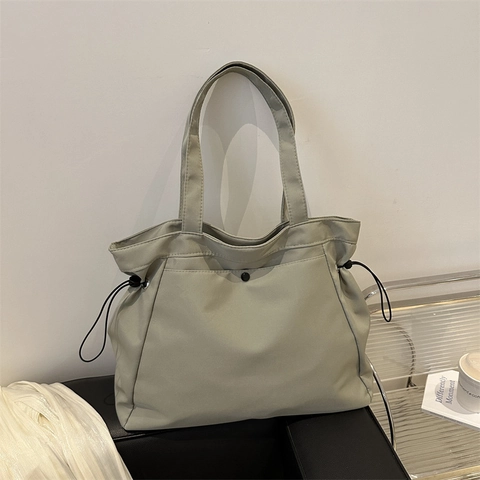 Large Capacity Women Tote Bag Oxford Cloth Minimalist Drawstring Shoulder Bag For Commuting School Daily Solid Color Top Handle Handbag