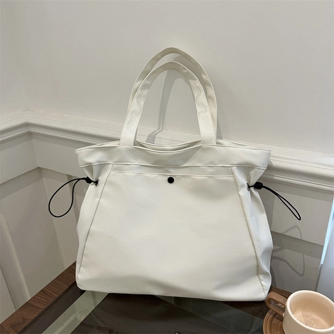 Large Capacity Women Tote Bag Oxford Cloth Minimalist Drawstring Shoulder Bag For Commuting School Daily Solid Color Top Handle Handbag