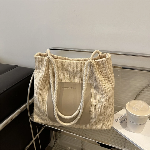 Damen Gewebte Tragetasche Große Kapazität Stroh Schultertasche Mit PU Leder Patch Lässige Sommer Strand Mode Pendeln Tasche