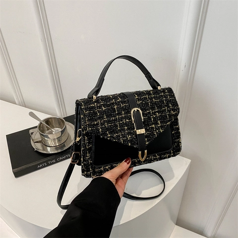 Elegante Borsa a Tracolla in Tweed a Quadri per Donna Borsa a Mano con Motivo Plaid di Lusso con Manico e Tracolla Regolabile
