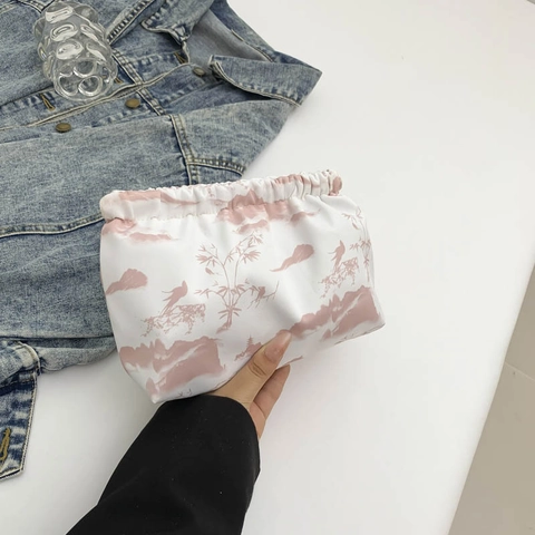Borsa da Sera in Stile Cinese con Stampa Paesaggio a Inchiostro Nylon Pieghe Nuvola Pochette Donna Trucco Quotidiana