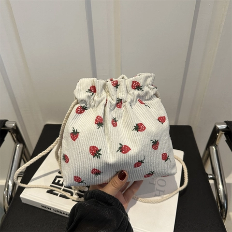 Strawberry Print Corduroy Drawstring Bucket Bag For Women Fashion Small Fresh Shoulder Crossbody Bag Mini Casual Pouch