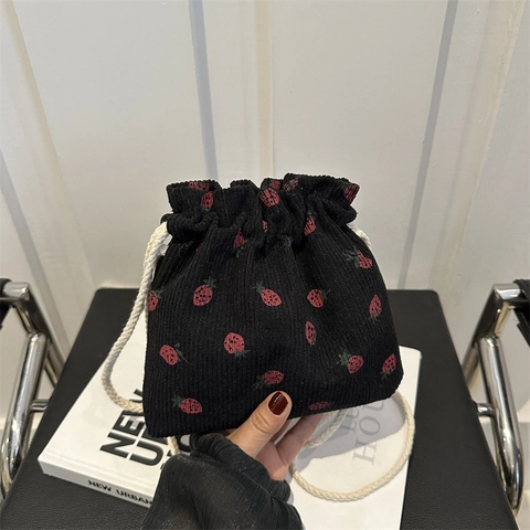 Strawberry Print Corduroy Drawstring Bucket Bag For Women Fashion Small Fresh Shoulder Crossbody Bag Mini Casual Pouch