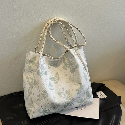 Bolso Tote Informal de Gran Capacidad para Mujer con Estampado de Mariposa Bolso de Hombro con Asa Tejida Cuero de PU