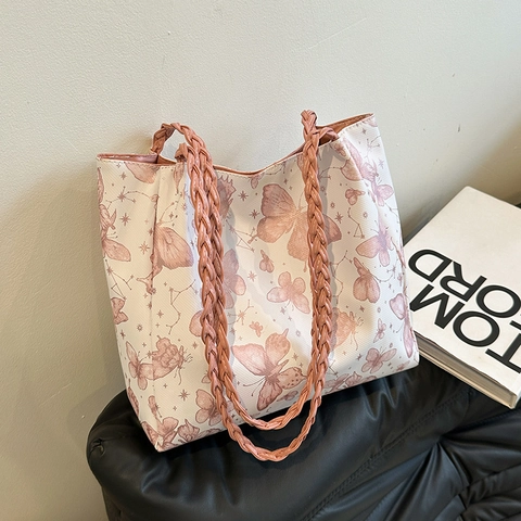 Bolso Tote Informal de Gran Capacidad para Mujer con Estampado de Mariposa Bolso de Hombro con Asa Tejida Cuero de PU