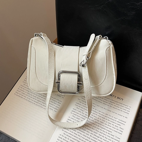 Borsa Sottobraccio alla Moda da Donna in Pelle PU Texture Pieghettata Fibbia Quadrata Argento Borsa a Tracolla Street Style