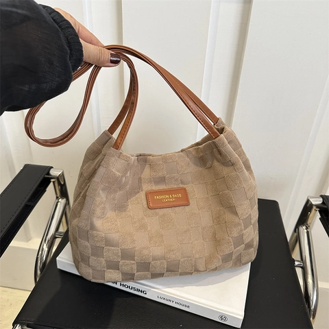 Borsa Tote da Donna a Scacchiera Trama Intrecciata Borsa a Tracolla Grande Capacità Cinturino in PU Versatile Casual