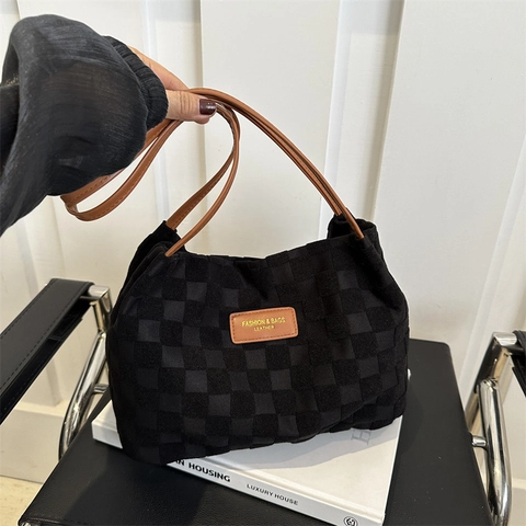 Borsa Tote da Donna a Scacchiera Trama Intrecciata Borsa a Tracolla Grande Capacità Cinturino in PU Versatile Casual