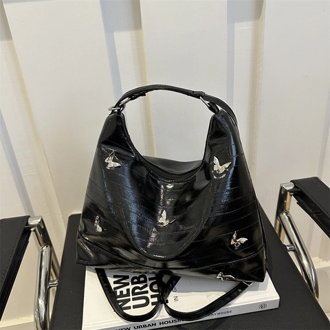 Butterfly Decor Tote Bag Women PU Leather Metallic Eel Texture Large Capacity Shoulder Hobo Bag Stylish Urban
