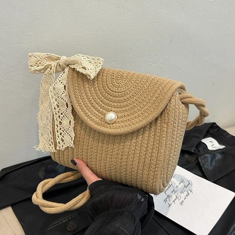 Borsa a Spalla da Donna Intrecciata in Paglia Con Bottone a Perla Artificial e Fiocco in Pizzo Estate Spiaggia Vacanza Borsa da Sottobraccio Gioielli