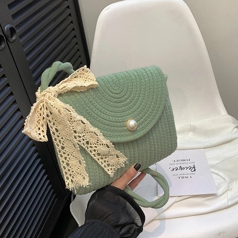 Women Fashion Lace Woven Shoulder Bag Artificial Pearl Buckle Straw Crossbody Bag Bowknot Small Square Handbag Beach Holiday